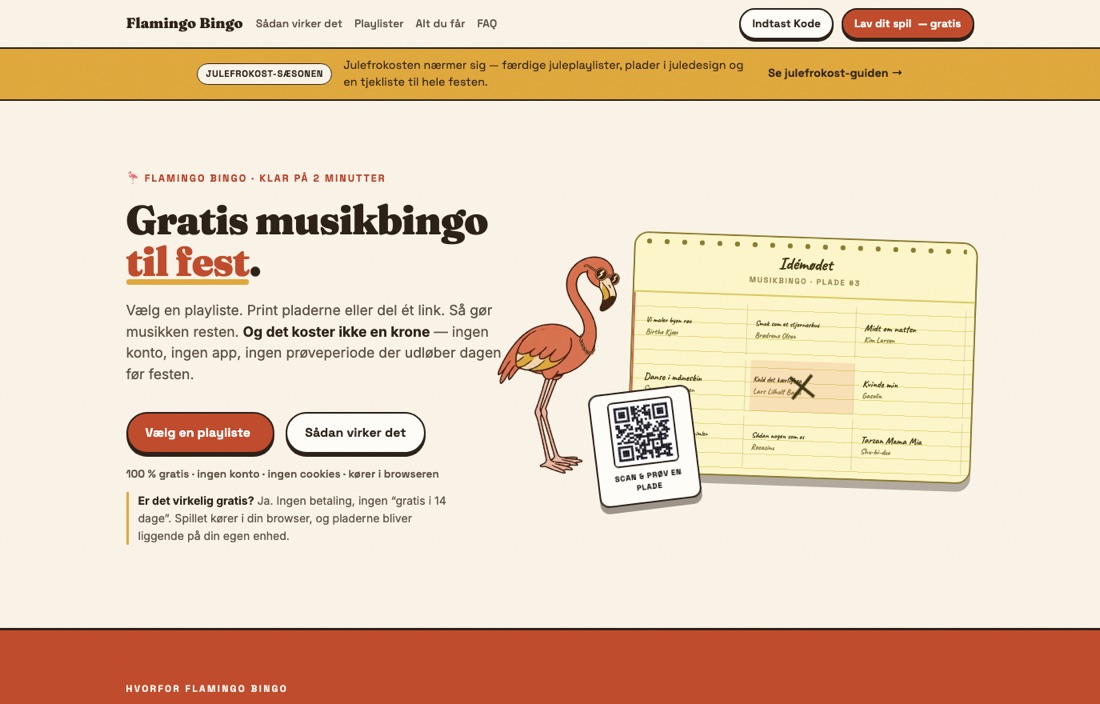 Forsiden af flamingobingo.dk: overskriften «Gratis musikbingo til fest.» med flamingoen, en bingoplade og et QR-bordkort ved siden af.